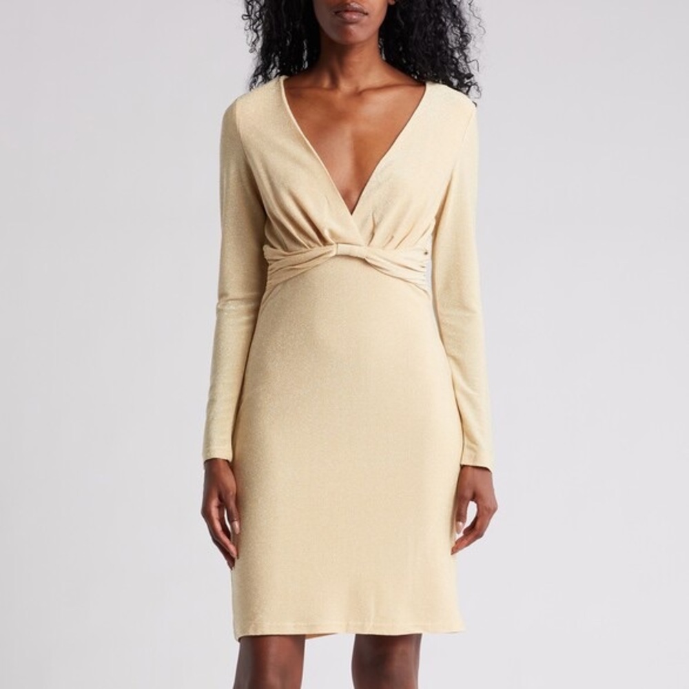 AREA STARS GOLD METALLIC LONG SLEEVE KNEE LENGTH DRESS SZ SM NWT